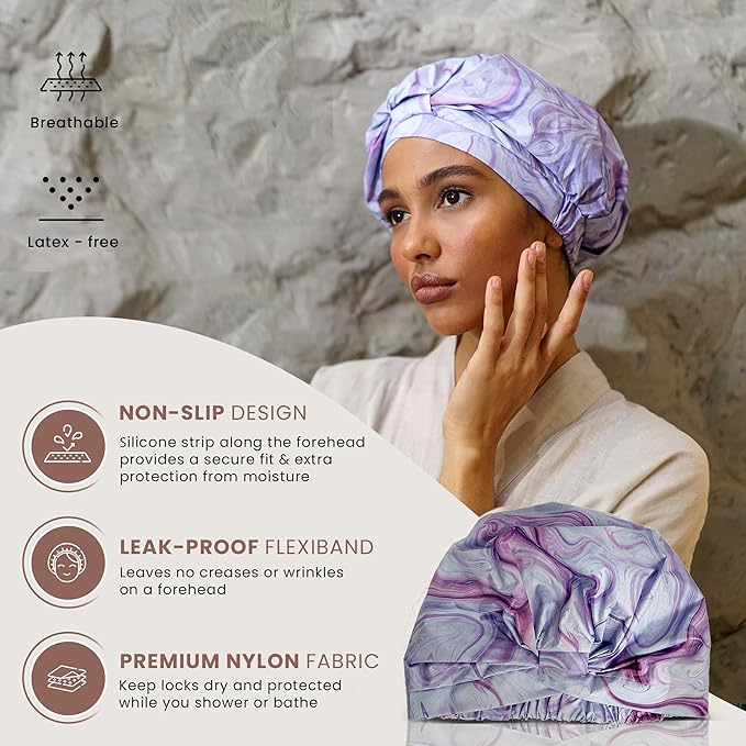 Reusable Shower Cap for Women Reusable Waterproof – Leakproof, Nonslip Hair Cap for Shower Flexiband – Soft, Breathable, Durable Christmas Shower Caps by SMPL OBJECTS (Marble)