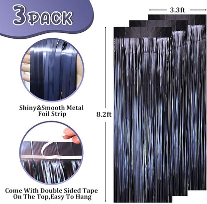 Voircoloria Dark Blue Foil Fringe Backdrop Curtains, 3 Pack | Tinsel Streamers - Image 2