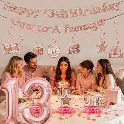 13th Birthday Decorations For Girls, Pre-Strung Rose Gold Happy 13th Birthday & - Image 6