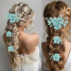 3 PCS Large Flower Bridal Wedding Hair Pins Crystal Pearl Hair Clips Headpiece Bride Hair Accessories Jewelry with Rhinestone, Glitter Emboss Blue Flower