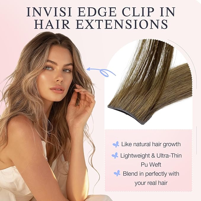 DOORES Invisible Clip in Hair Extensions 22 inch 150g 7pcs, Real Human Hair Invisi Edge Clip in Extensions, Virgin PU Clipins Straight Thickening, 6BT18D Medium Brown Highlighted Dirty Blonde