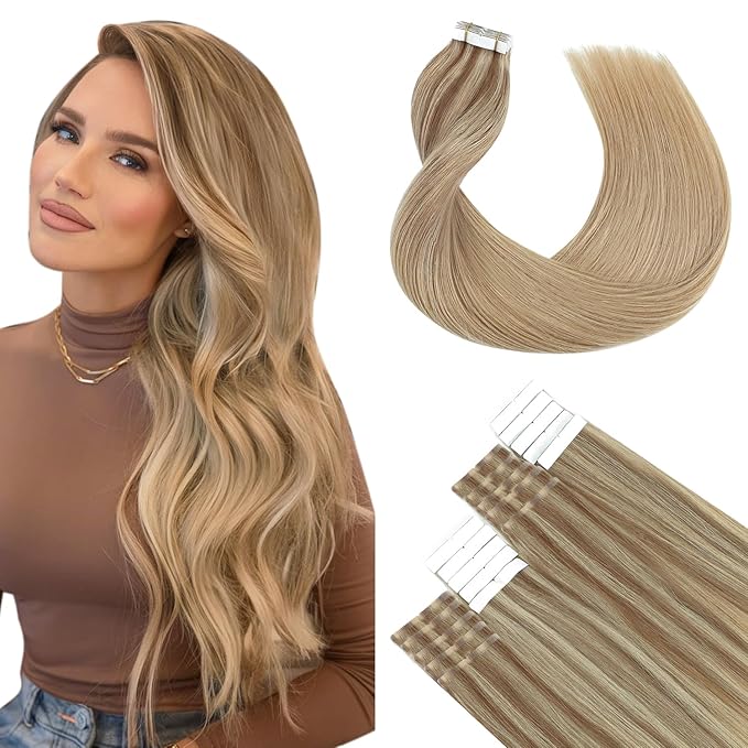 SURNEL Tape in Hair Extensions Human Hair 14 inch Golden Brown Highlighted Fading to Golden Blonde Tape in Hair Extensions 20pcs 50g(#10/16/16-14)