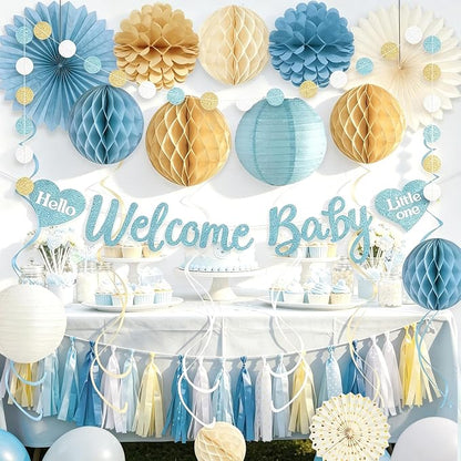 Dusty Blue Baby Shower Decorations Boy, Pre-Strung, Honeycomb Balls, Paper - Image 5