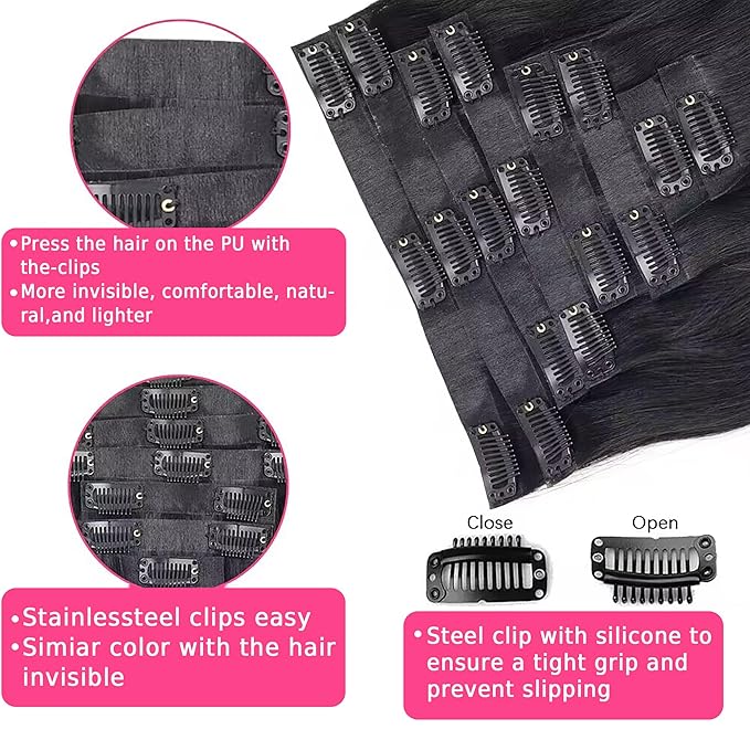 Seamless Clip Ins For Women Real Human Hair Invisible PU Weft Body Wave Clip In Hair Extensions Human Hair 8pcs with 18Clips Per Set 120g(22inch,Natural Black)