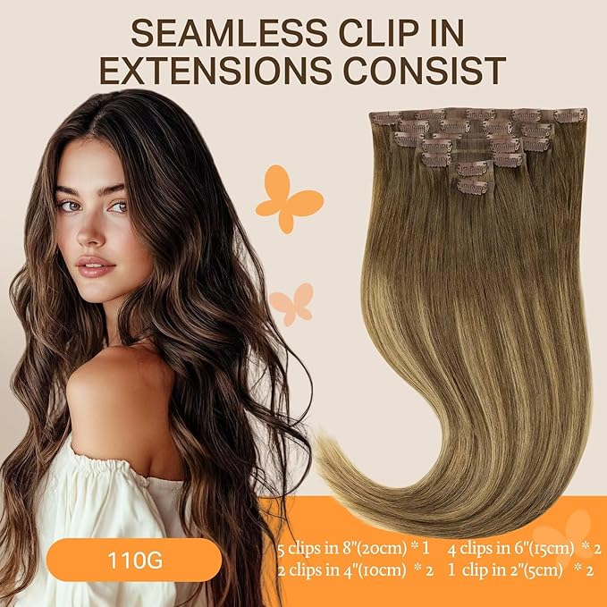 DOORES Seamless Clip in Real Human Hair Extensions, Medium Brown Highlighted Dirty Blonde, 20 Inch 7pcs 110g, Invisible Edge Remy Hair Extensions Straight
