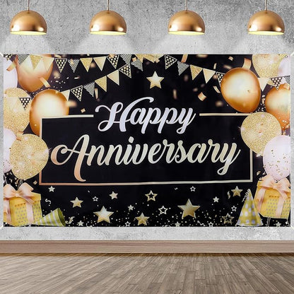 Happy Anniversary Backdrop Banner, 6ft x 3.6ft Black Gold Anniversary Party by Motroce