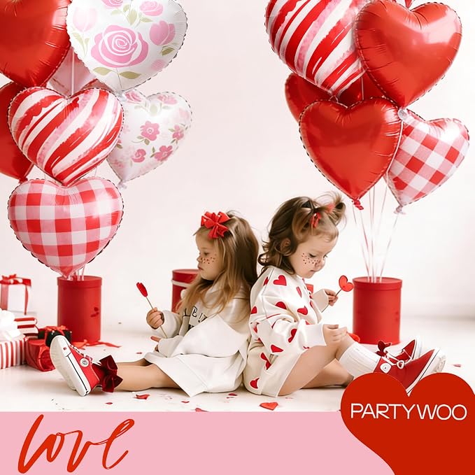 PartyWoo Pink White Red White Red Heart Foil Balloons 15pcs 18 Inch | Balloons - Image 3