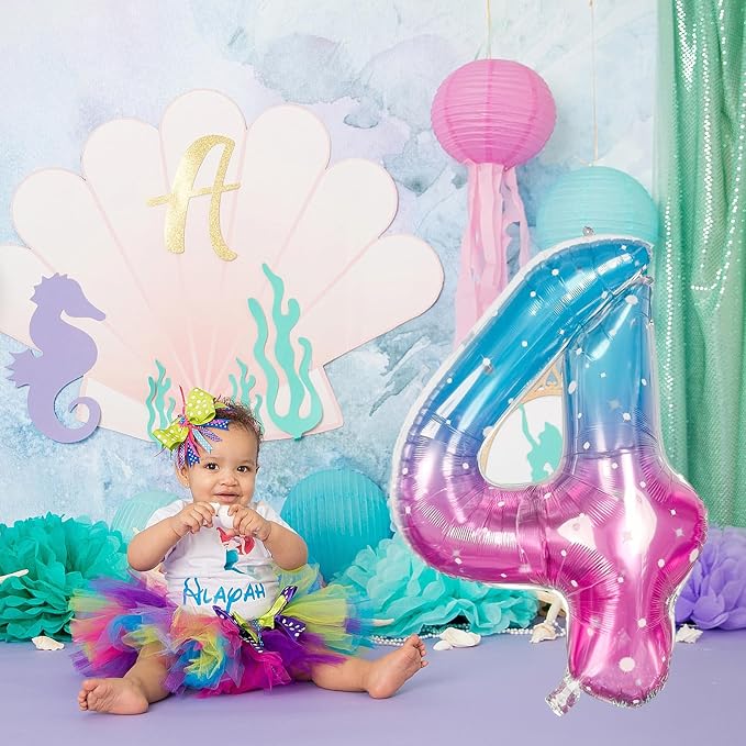 Purple Teal Number 4 Balloons, 40 In Large Mermaid Starry Number 4 Mylar Foil - Image 6