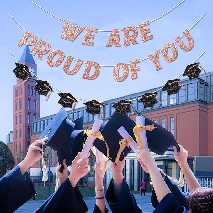 We Are So Proud of You Banner Pre-strung Rose Gold Graduation Decorations Class - Image 4