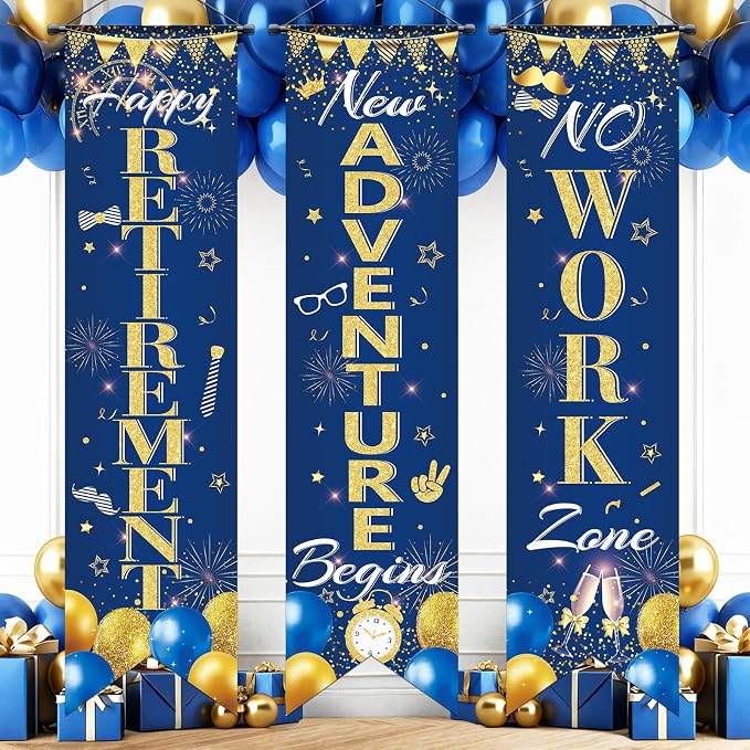 3Pcs Retirement Porch Sign Door Hanging Banner Navy Blue Gold Happy Retirement by TagreSpike