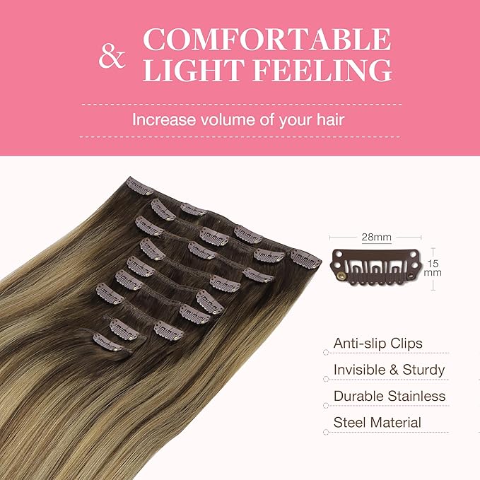 GOO GOO Clip in Hair Extensions Real Human Hair, Remy Human Hair Extensions Clip ins for Women, Natural Human Hair, 26inch 260g 9Pcs, #4/27/4 Balayage Chocolate Brown to Caramel Blonde