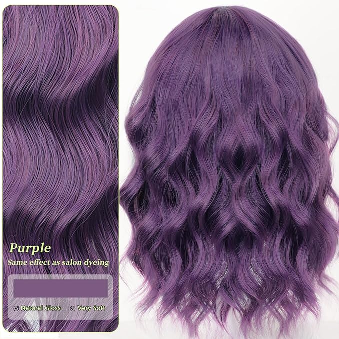 AISI HAIR Purple Synthetic Wavy Curly Bob Wig with Bangs Short Wavy Hair for Women Synthetic Heat Resistant Bob Wigs