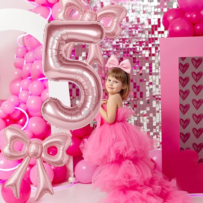 Bow Number 5 Birthday Balloons, Coquette Party Decorations Supplies - Image 3