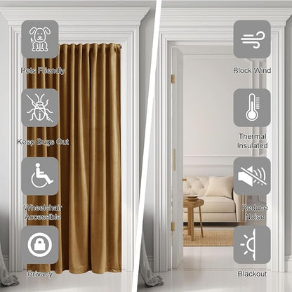 Velvet Doorway Curtains Luxury Gold Brown Back Tab Thermal Insulated Window - Image 4