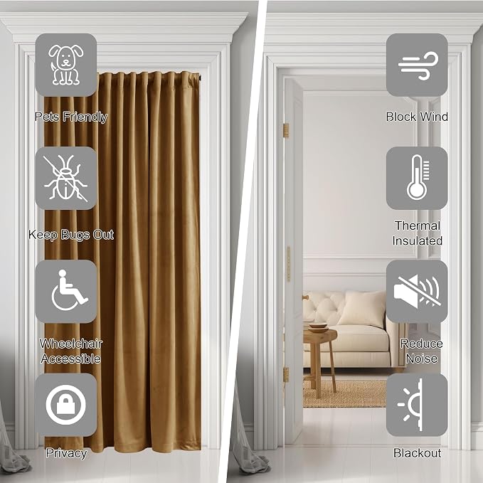 Doorway Curtain Back Tab Gold Brown Velvet Thermal Insulated Sliding Door - Image 4