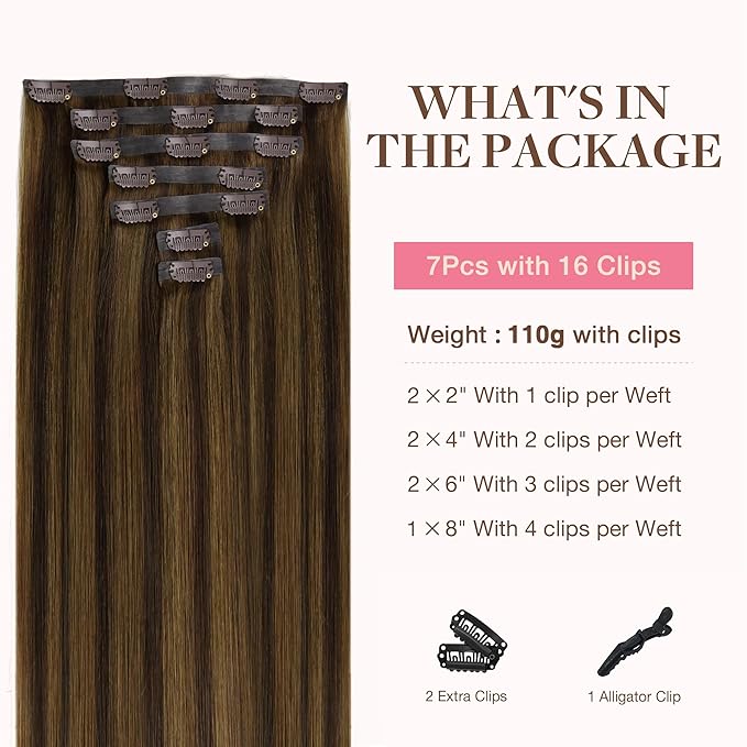 GOO GOO Clip in Hair Extensions Real Human Hair, Remy Human Hair Extensions Clip ins for Women, Natural Human Hair, 16inch 110g 7Pcs, 2C/4E/6C Brown Sugar Swirl Highlights