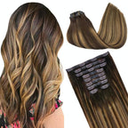 GOO GOO Clip in Hair Extensions Real Human Hair, Remy Human Hair Extensions Clip ins for Women, Natural Human Hair, 14inch 150g 9Pcs, #4/27/4 Balayage Chocolate Brown to Caramel Blonde
