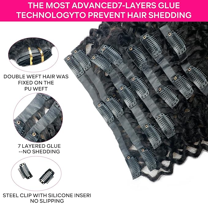 Seamless Curly Clip in Hair Extensions Real Human Hair Brazilian Virgin Human Hair Clip in Extensions 8Pcs Seamless Clip ins for Black Women with 18Clips PU Skin Weft 120g 12inch Natural Black