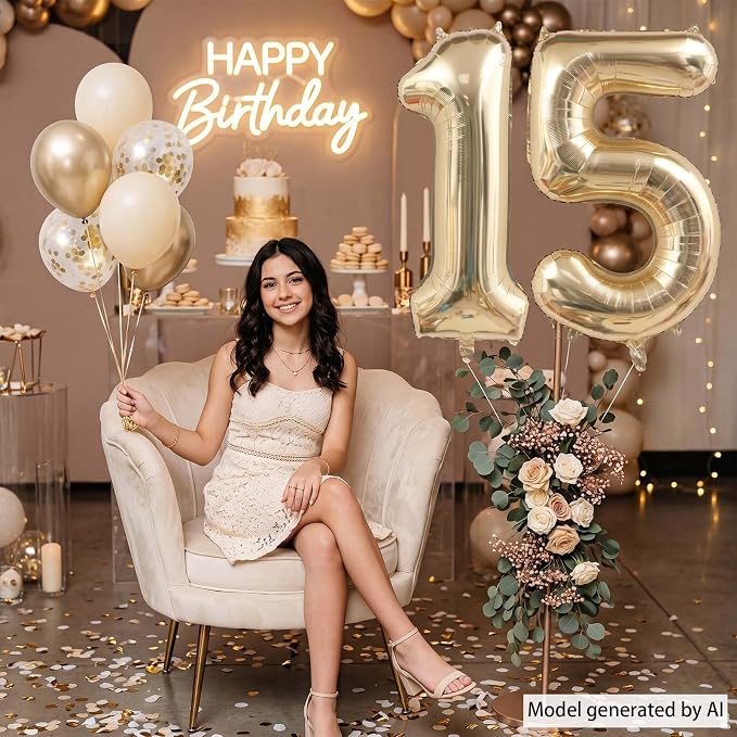 White Gold Number 15 Balloon 40 Inch, Champagne Foil Quince Decoration | Giant - Image 2