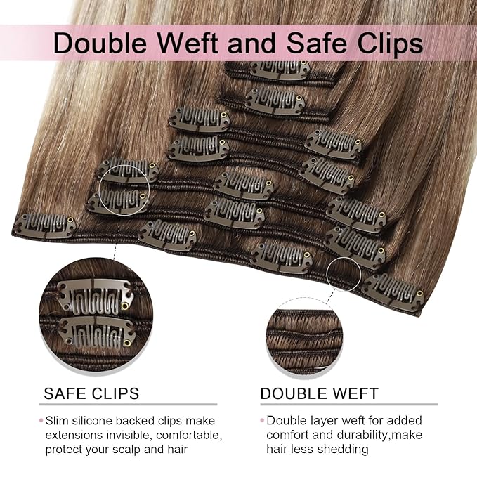 Pro2.0 Clip in Hair Extensions Real Human Hair 22inch 7pcs #8/60 Ash Brown to Platinum Blonde Real Hair Extensions Clip in Human Hair 120g Double Weft（#8/60-22inch）
