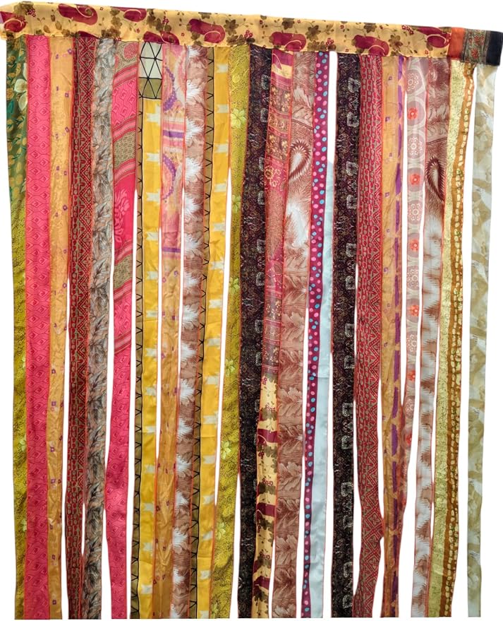 Mango Gifts Bohemian Door Curtain Made from Recycled Silk Sari Ribbon Orange - Image 8