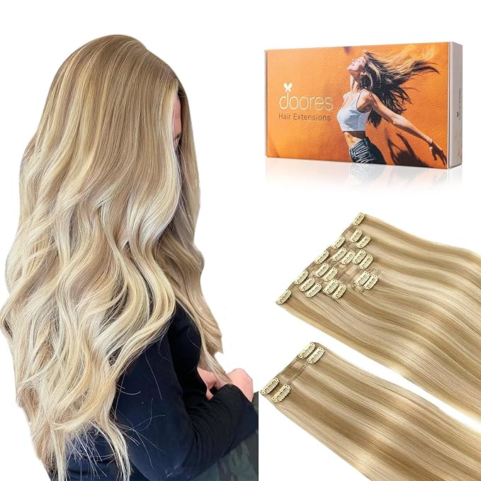 DOORES Human Hair Extensions Clip in Dark Blonde Highlighted Bleach Blonde - 150g 9pcs 16 Inch Remy Straight Natural Hair Extensions