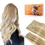 DOORES Hair Extensions Clip in Human Hair, Dark Blonde Highlighted Bleach Blonde 150g 9pcs 14 Inch, Remy Clip in Human Hair Extensions Real Natural Hair Extensions