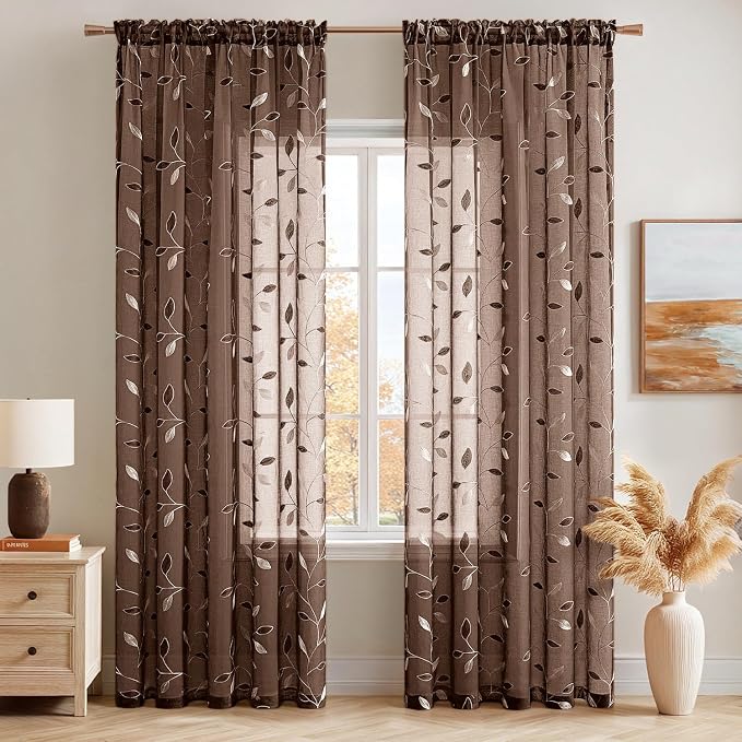 MIULEE Chocolate Brown Sheer Curtains 2 Panels Leaf Patterned, W52 x L63 | - Image 2