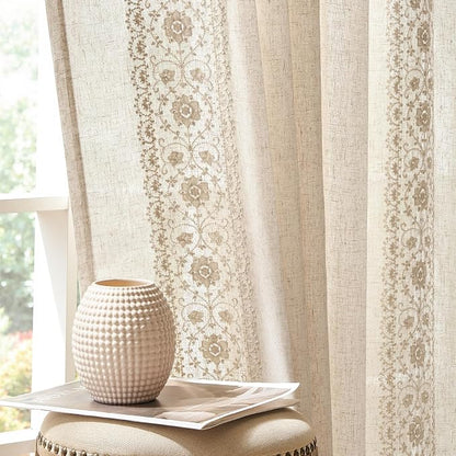 jinchan Floral Linen Curtains Embroidered Back Tab 50x90in 2 Panels Ivory | by JINCHAN