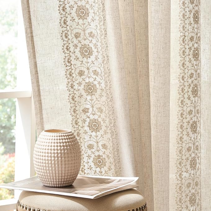 jinchan Floral Linen Curtains Embroidered Back Tab 50x72in 2 Panels Ivory | by JINCHAN