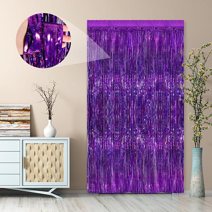 2 Pack Purple Metallic Tinsel Foil Fringe Curtains, Foil Curtain Backdrop - Image 2