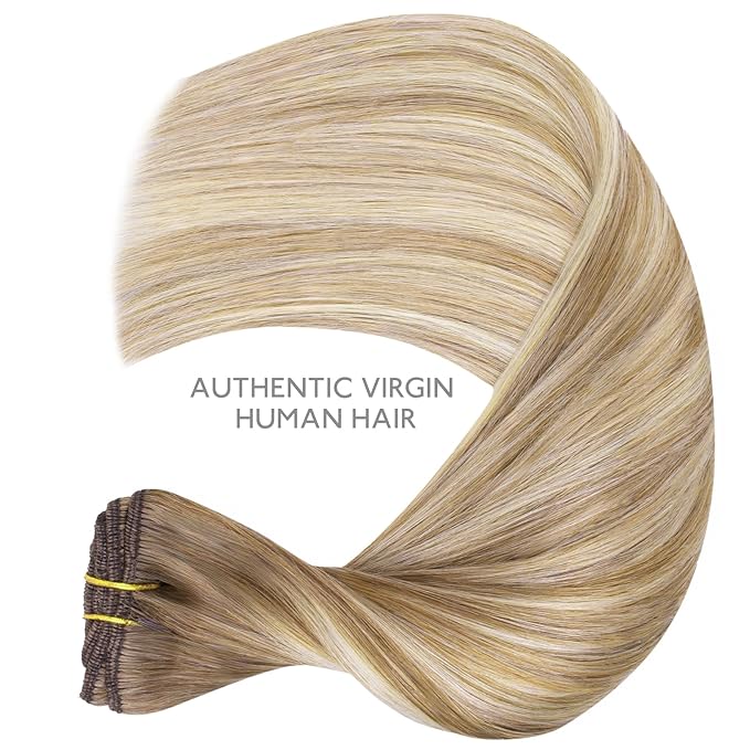 WENNALIFE Clip in Hair Extensions Real Human Hair, 22 Inch 120g 7pcs Balayage Dirty Blonde with Platinum Ends Remy Hair Natural Double Weft