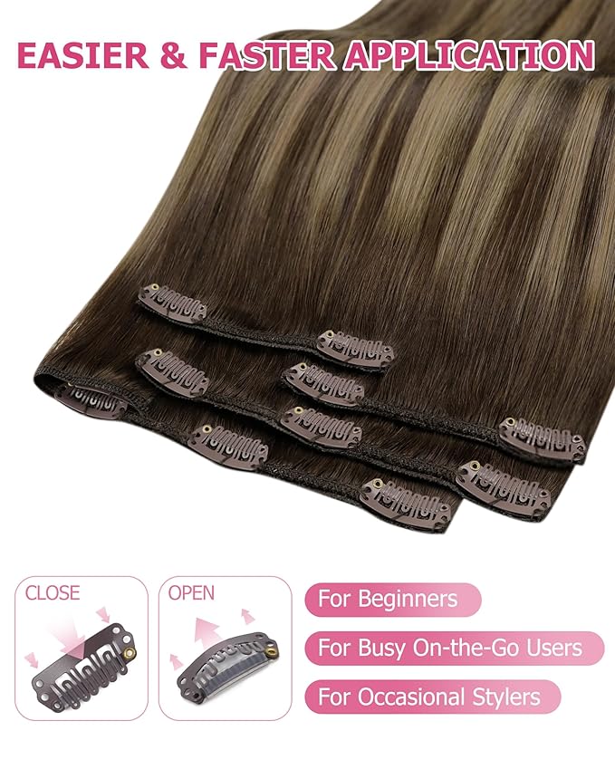 YoungSee Clip in Human Hair Extensions Balayage Brown Hair Clip in Extensions Chocolate Brown Balayage Caramel Blonde Clip Hair Extension Real Human Hair Long Straight for Women 120G 7Pcs 24Inch