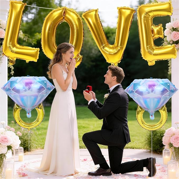 40inch Gold Love Balloons with 2pcs Diamond Ring Foil Balloons, Large Love - Image 2