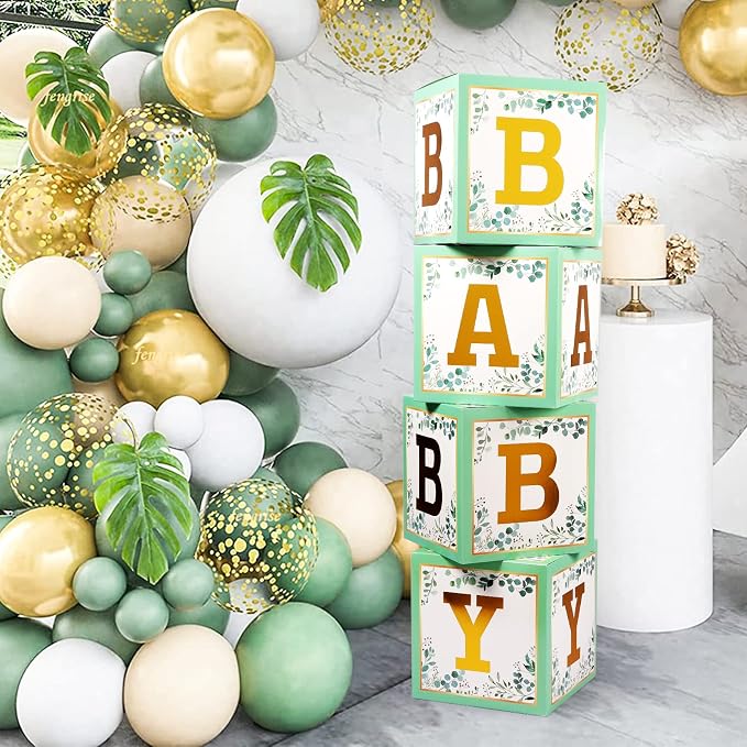 Voircoloria Baby Boxes with Letters, Sage Green, 4 Transparent Balloon Boxes | - Image 5