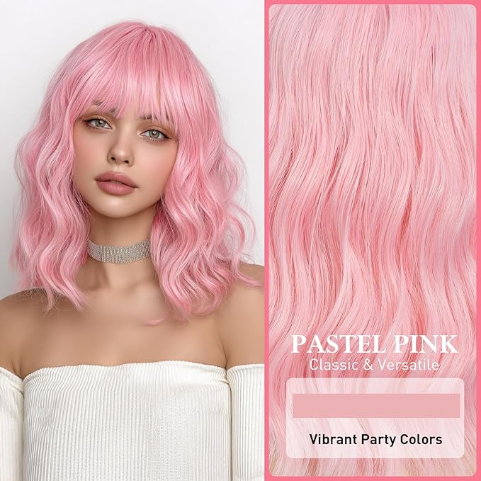 NOBLE Pink Wig Bob Wig with Bangs Short Loose Wavy Wigs for Women Shoulder Length Heat Resistant Synthetic Hair Bob Wavy Colored Wigs for Halloween Cosplay 12 Inches