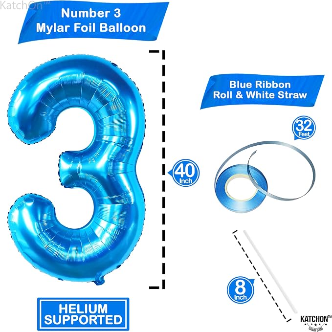 KatchOn Blue Foil Number Balloon 40 Inch, Number 3 Balloon | Mylar Foil Balloon - Image 2
