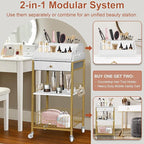 Makeup Organizer Cart with Drawer, 2-in-1 Rolling Organizer Cart with Hair Tool Holder, Vanity Storage for Skincare, Perfume, Nail Polish, Cosmetics, Gold Finish