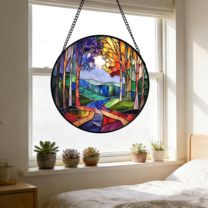 DASTOLL Stained Glass Window Hanging, Colorful Forest Landscape Tree Suncatcher - Image 5
