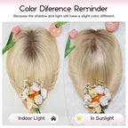 EMMOR Human Hair Toppers for Women Short Bob Real Hair with Bangs 10" Side Part Hairpieces for Women with Thin Hair 6.5" × 6.5" Larger Base Human Wig Toppers(Ombre Light Blonde)
