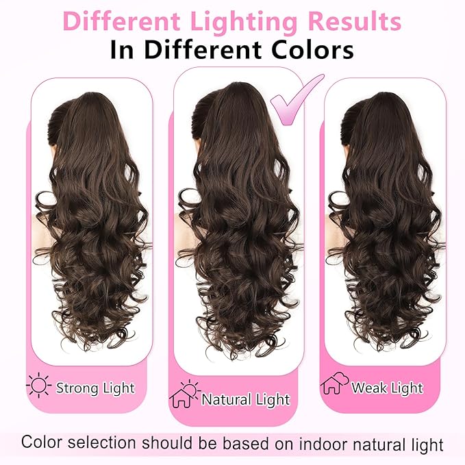 ALXNAN Claw Long Wavy Ponytail Extension,24 Inch Curly Pony Tail Clip in Hair Extensions for Women,Dark Chocolate Brown Clip on Pony Tails Hair Extensions