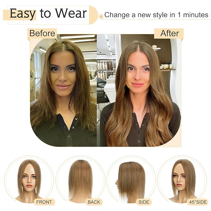 SEGO Human Hair Toppers for Women With Thinning Hair, 7 * 13CM Silk Base 100% Real Human Hair Clip in Top Wiglet Hairpieces //12 Inch No Bangs Light Brown