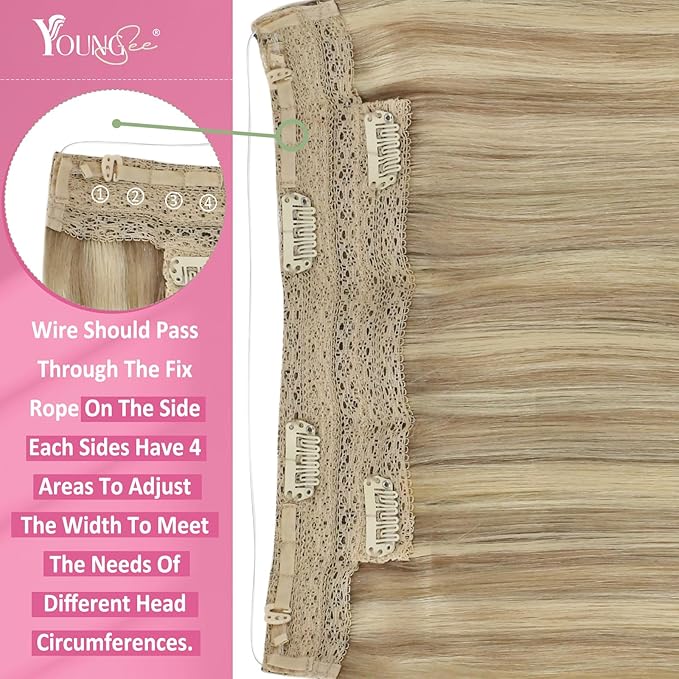 YoungSee 120G Wire Hair Extensions Highlight Human Hair Wire Extensions Golden Blonde Highlights Light Blonde Fish Line Extensions Hair for Women 18Inch