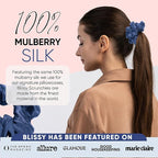 Blissy Silk Scrunchies (3 Pack) - 100% Pure Mulberry Silk - 22 Momme 6A High-Grade Fibers Scrunchie for Straight & Curly Hair - Preventing Breakage, Tangling, & Creasing (Blue Skinny)