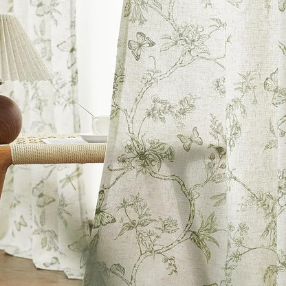 Green Floral Linen Curtains Farmhouse Rod Pocket 50W X 96L 2 Panels | Charlotte - Image 5