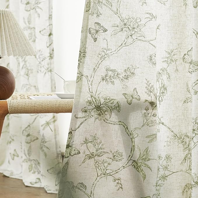 Green Floral Linen Curtains Farmhouse Rod Pocket 50W X 108L 2 Panels | - Image 4