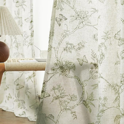 Green Floral Linen Curtains Farmhouse Rod Pocket 50W X 108L 2 Panels | - Image 4