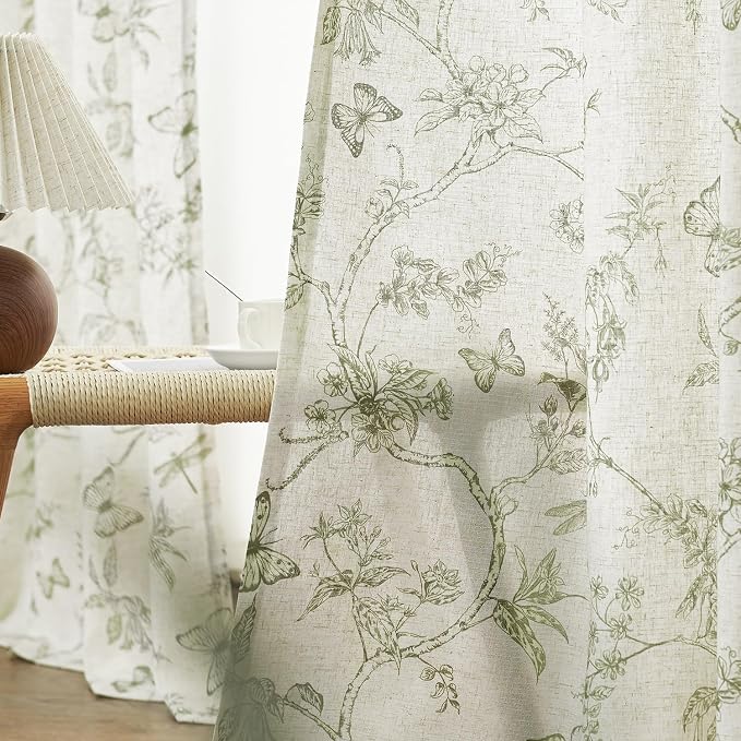 Green Floral Linen Curtains Farmhouse Rod Pocket 50W X 63L 2 Panels | Charlotte - Image 4
