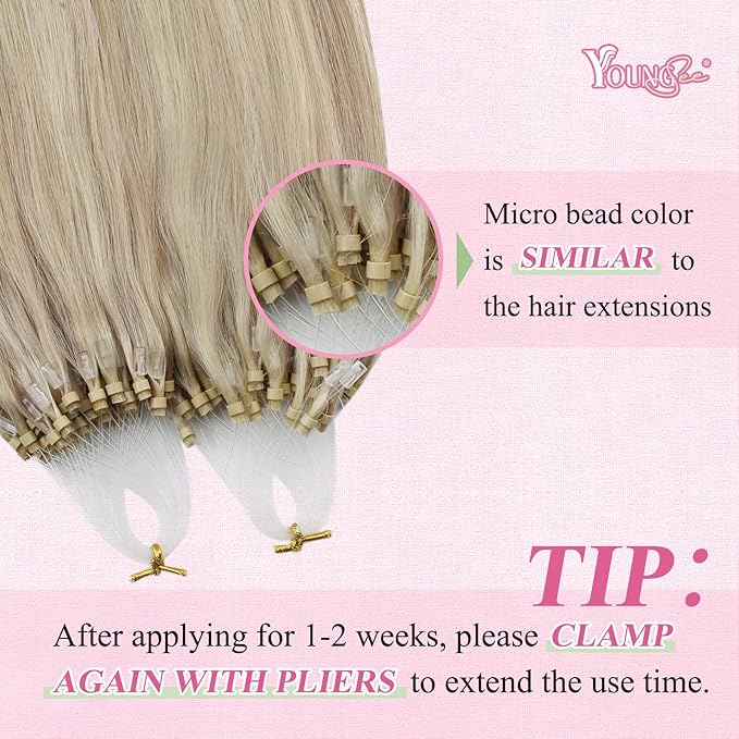 YoungSee Micro Link Hair Extensions Human Hair Blonde Micro Bead Hair Extensions Real Human Hair Blonde Highlights Ash Blonde Micro-Ring Hair Extension Silky Straight 18In Bead Hair Extension 50g 50s