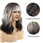 FAELBATY Short Brown Ombre Grey Wig Short Wave Bob Wigs for Women With Bangs Shoulder Length Synthetic Cosplay Party Wig for Girls Costume Wigs (12" 60R)